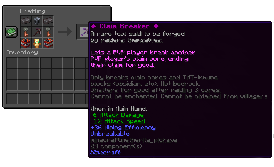 Claim Breaker in-game recipe reference