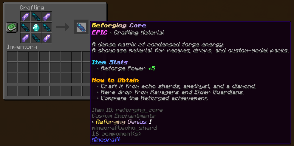 Reforging Core in-game recipe reference