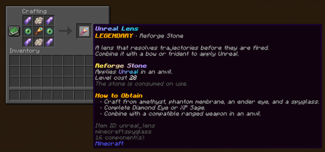 Unreal Lens in-game recipe reference